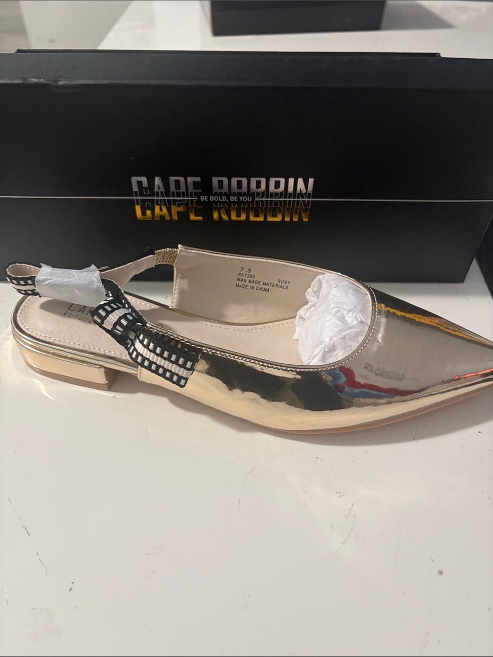 Cape Robbin Gold Metallic Pointed Slingback Flats with Black-White Ribbon